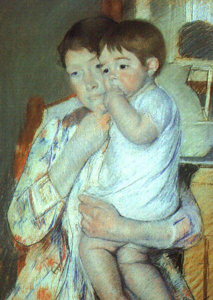 Mary Cassatt Mother and Child against a Green Background